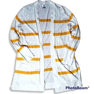 Old Navy White Yellow Gold Stripe Long Sleeve Cardigan Pockets L Large